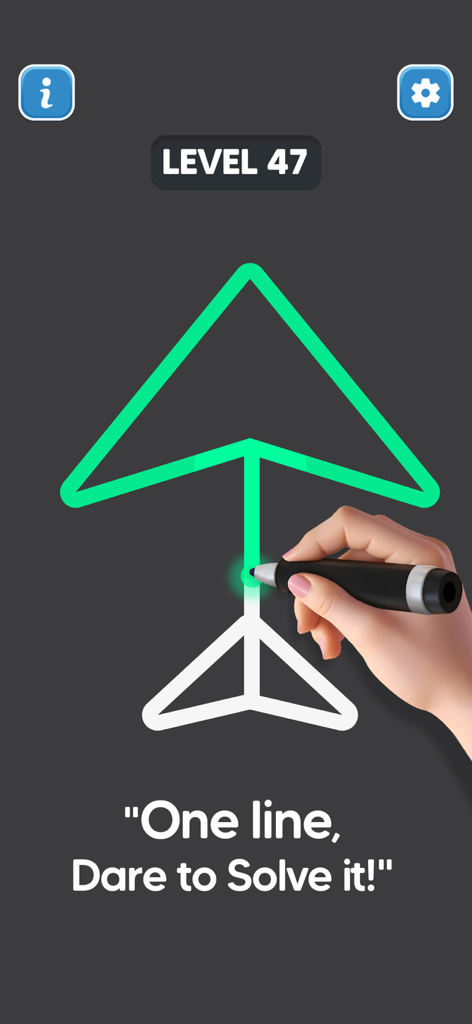 A hand drawing a continuous neon green line on a geometric shape in the Line Drawing No Lift Puzzle game level 47.