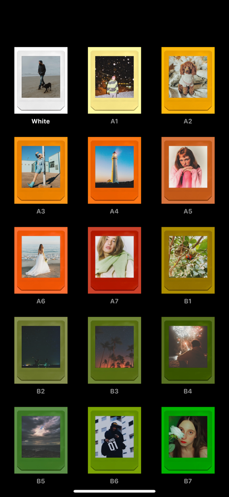 A grid display of various vintage polaroid film presets and colorful photo frames within the DSLR Camera app interface.