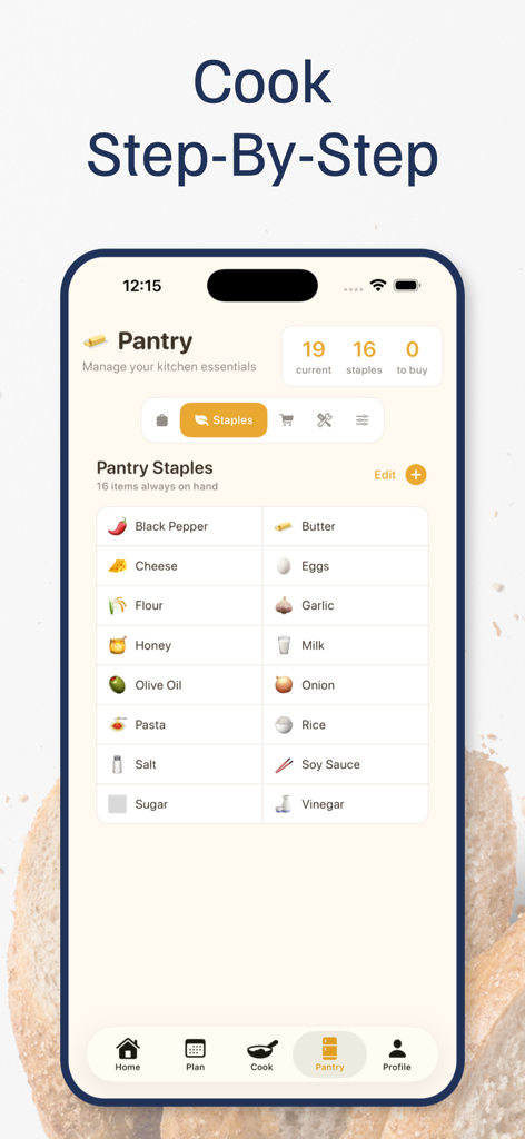 Butter - Quick Recipes - The pantry management screen of the Butter app showing a list of kitchen staples.