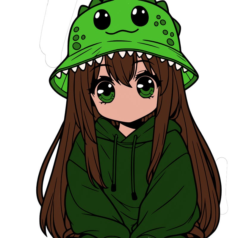 girl with anime shaped eyes with a dinosaur bucket hat oversized sweatshirt long straight hair