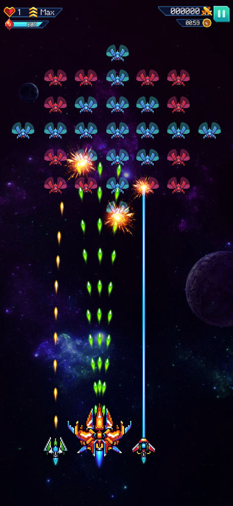 Galaxiga: Classic Arcade Game - Retro space shooter gameplay showing a starship attacking waves of alien invaders in a galaxy background