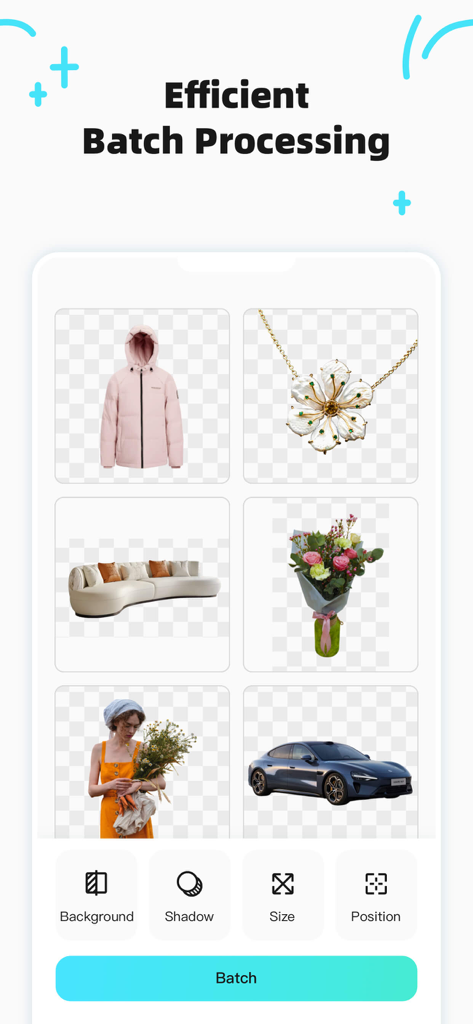 CocoAI - BG Remover - Pantalla de la aplicación CocoAI que muestra la eliminación de fondos por lotes para múltiples imágenes, incluidos productos y retratos.