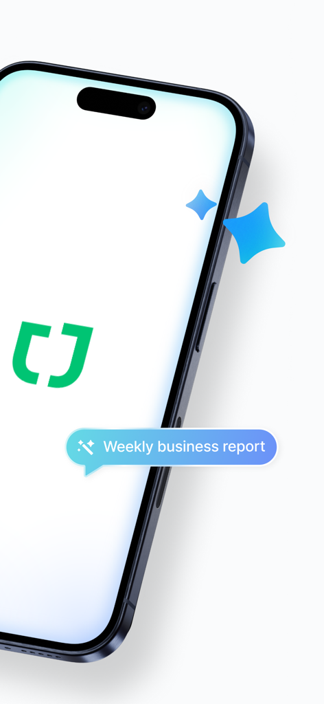 Smartphone screen showing the JANDI logo and a weekly business report notification bubble.