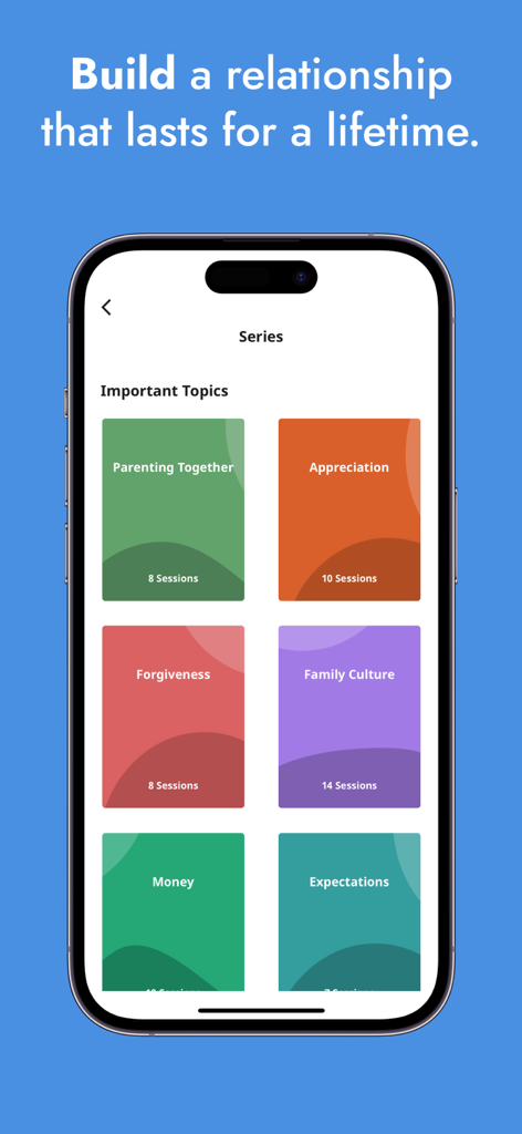 Lasting app screen showing relationship series topics including Parenting and Money