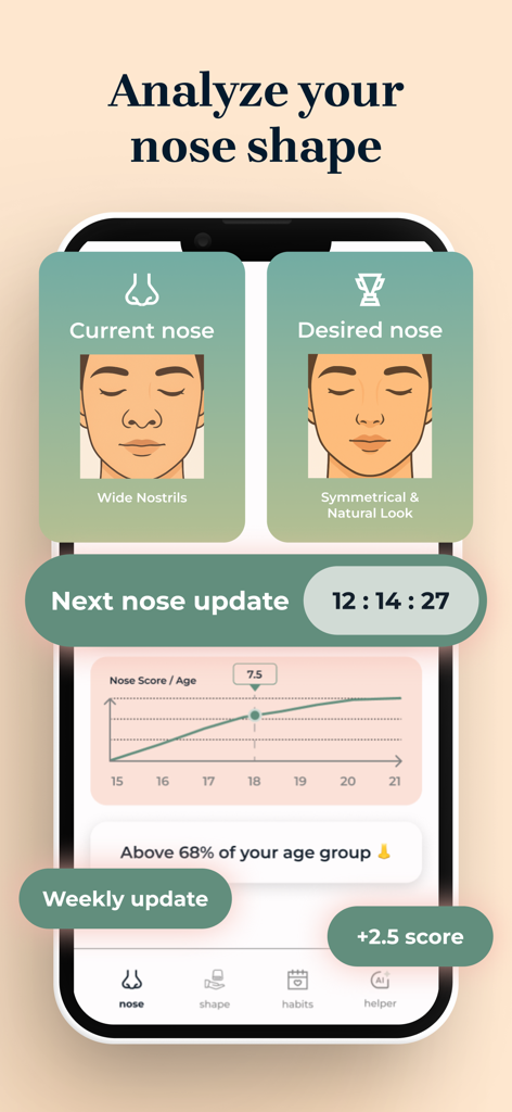 Nose Glow Up: AI Face Yoga - Análise de formato de nariz por IA na tela comparando resultados atuais e desejados com acompanhamento de progresso