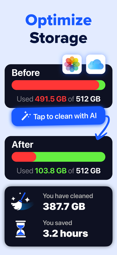 Before and after comparison screen showing 387GB of phone storage cleaned with Cleaner AI
