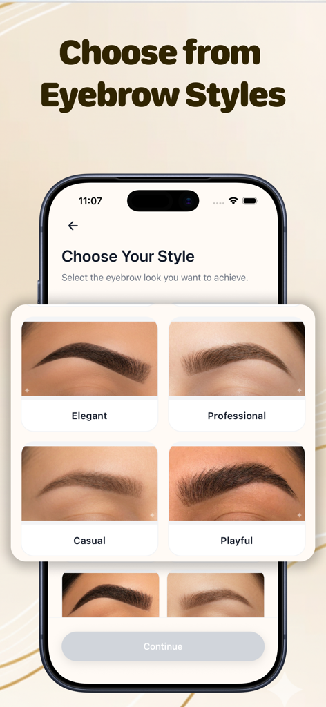 Brow Stylist - Perfect Brows - Mobile app screen showing a selection of eyebrow styles including Elegant, Professional, Casual, and Playful