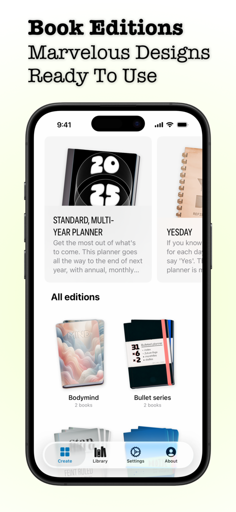 Penbook Pencil Notebook - A mobile interface showing various digital notebook editions and planner designs in the Penbook app.