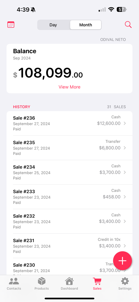 My Stock - Inventory & Sales - Sales history screen showing total balance and recent transactions in the My Stock app