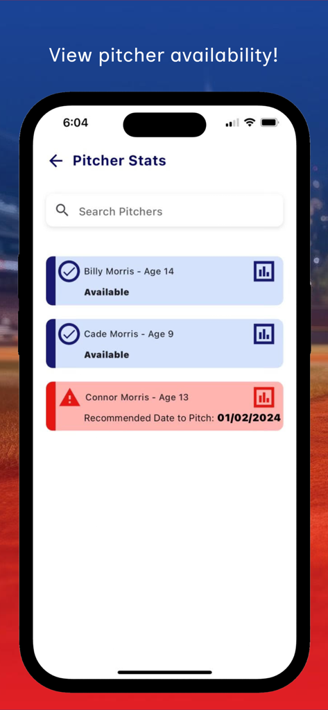 Uma captura de tela do aplicativo Track-A-Pitch mostrando uma lista de arremessadores com seu status de disponibilidade e datas de descanso recomendadas com base nas contagens de arremessos.