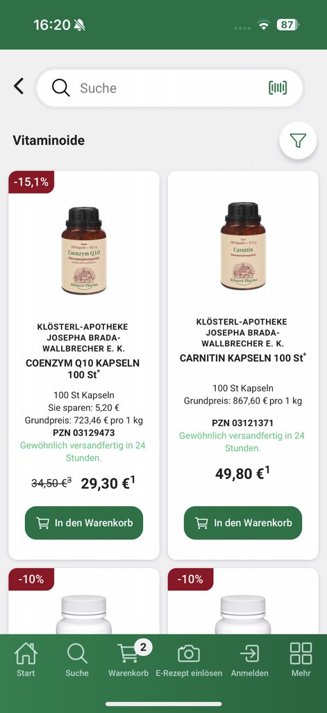 Klösterl-Apotheke - Klosterl Apotheke app screen displaying Coenzyme Q10 and Carnitine supplements.