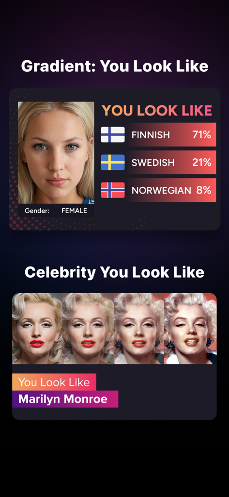 Gradient app showing AI DNA ancestry results and celebrity lookalike feature for Marilyn Monroe