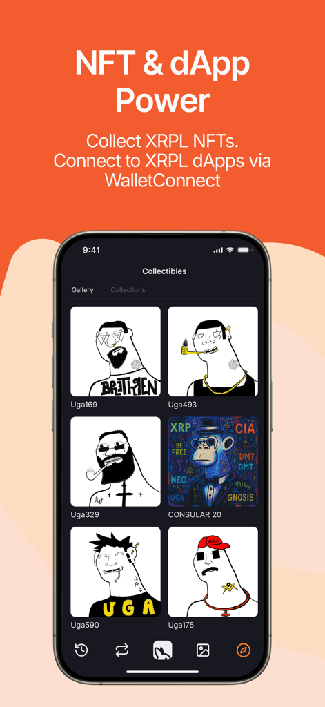 Joey Wallet - Joey Wallet mobile app screen showcasing an XRPL NFT collectibles gallery and dApp connectivity options
