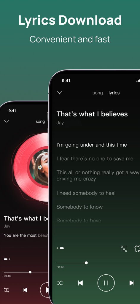 A smartphone screen displaying song lyrics in the Offline Music Player app.