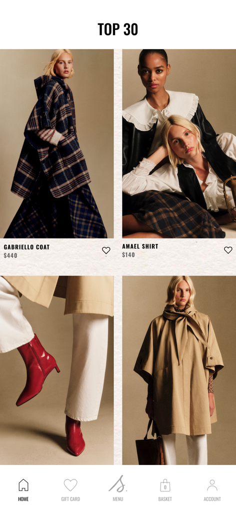 Sezane Fashion & Leather Goods - Pantalla de la aplicación Sezane que muestra una selección curada de los 30 mejores abrigos y camisas de primera calidad con fotografía editorial