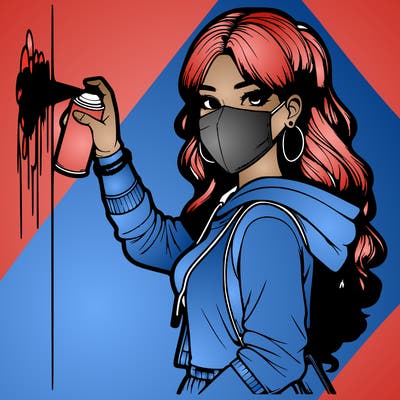 realistic girl with mask spray painting a wall