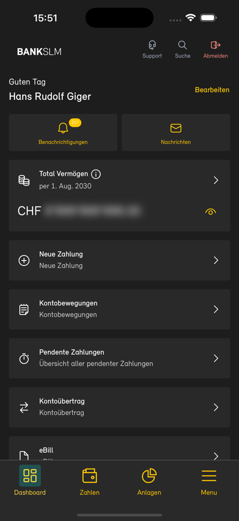 Bank SLM - Panel de la app móvil Bank SLM con resumen de cuenta y servicios financieros