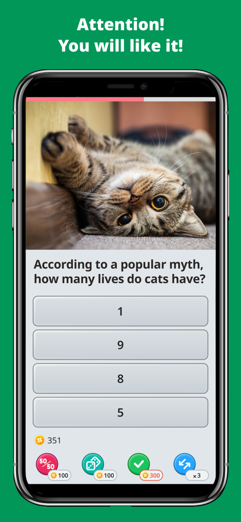 Mobile phone screen displaying a trivia question about cat lives in the QuizzLand app interface