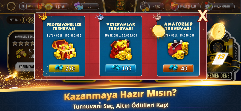 Okey Elite Gold - Okey Elite Gold tournament selection screen showing three game modes with varying difficulty and rewards