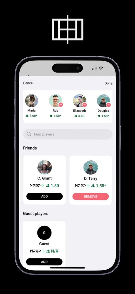 Centre Court App - Centre Court App screen showing player selection for a game match including friends list and skill ratings