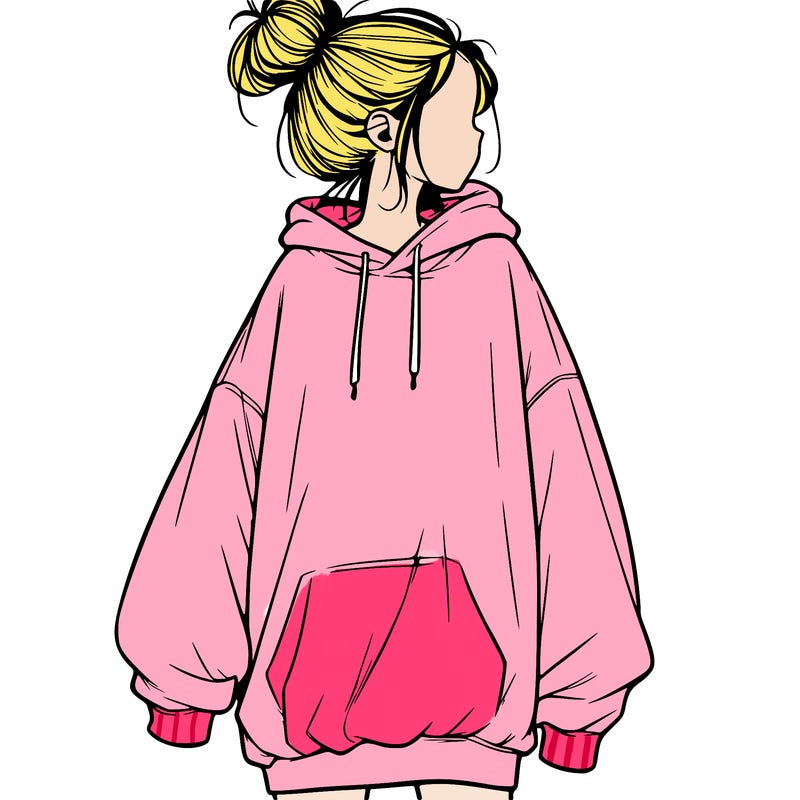realistic girl with a oversized sweatshirt on and a bun