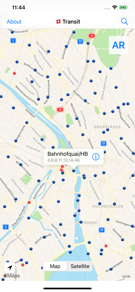 Swiss Public Transport App - A map displaying public transport stations and transit lines in Zurich Switzerland