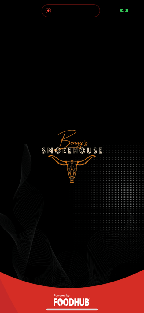 Bennys Smokehouse app splash screen featuring the logo with a longhorn skull icon and Powered by Foodhub text