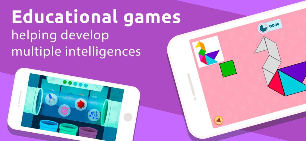 Smile and Learn - Smile and Learn app showing educational games for children like science activities and tangram puzzles.