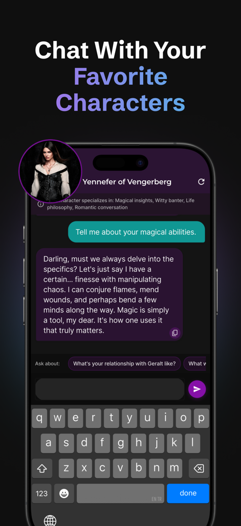 Mosa AI: Chatbot Assistant - Mosa AI mobile interface showing a roleplay chat with a fantasy character