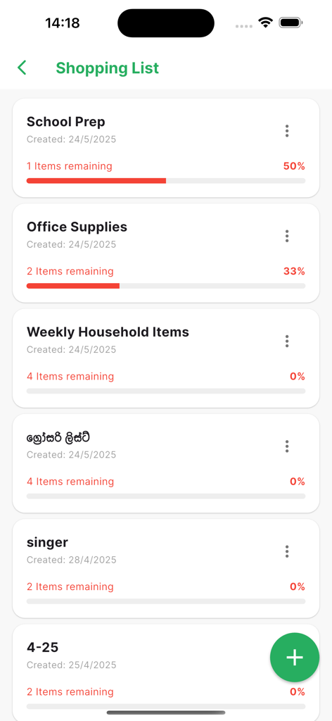 Money Master Sri Lanka - Interface de lista de compras do aplicativo Money Master Sri Lanka mostrando várias categorias, como Preparação Escolar e Material de Escritório, com barras de progresso de conclusão.