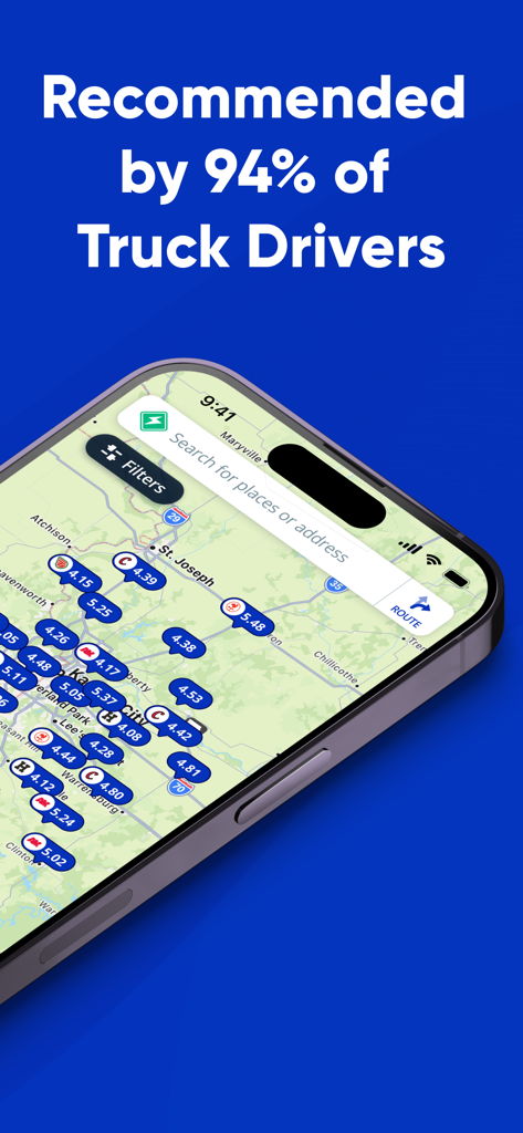 Mudflap - A smartphone showing the Mudflap app fuel map with a headline stating it is recommended by 94 percent of truck drivers.