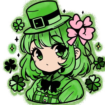 a manga-style girl with clovers around her, a little hat in her hair, like it's saint patrick's day