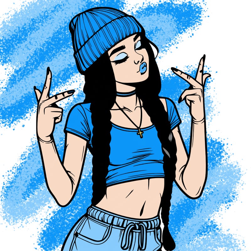 realistic teenage girl with braids and a beanie and crop top doing 🫶🏼