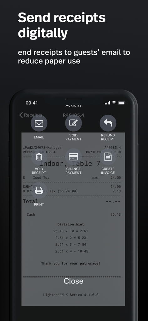 携帯電話に表示されるLightspeed Restaurant POSアプリのデジタル領収書管理画面