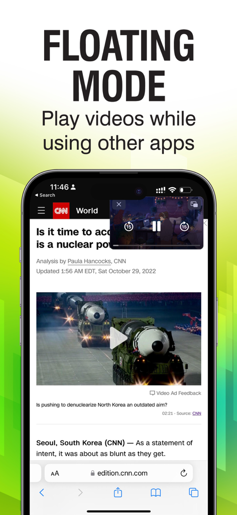 Ein Smartphone zeigt den schwebenden Videoplayer der POPTube-App über einem Nachrichtenartikel in einem Webbrowser