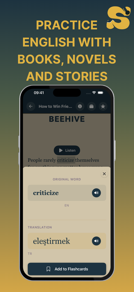 English Book Read : Storifine - Storifine mobile app displaying an English to Turkish word translation and a button to add words to flashcards.