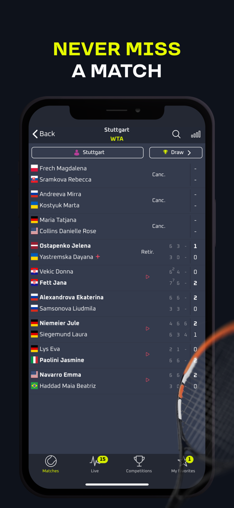 24live - Livescore - Real-time WTA tennis match results and schedules on the 24live app