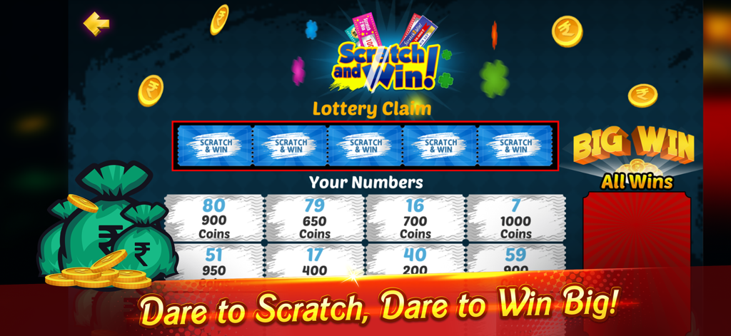 Pantalla de juego de rasca y gana en Tambola King con boletos de lotería virtuales y recompensas en monedas