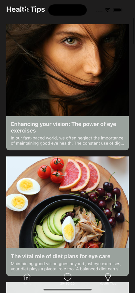 EyeX - Eye Care, Eye Exercises - Screen showing health tips for eye care including exercises and diet plans in the EyeX app