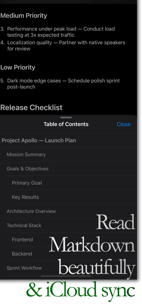 Mdly Markdown Viewer table of contents for a project document in dark mode.