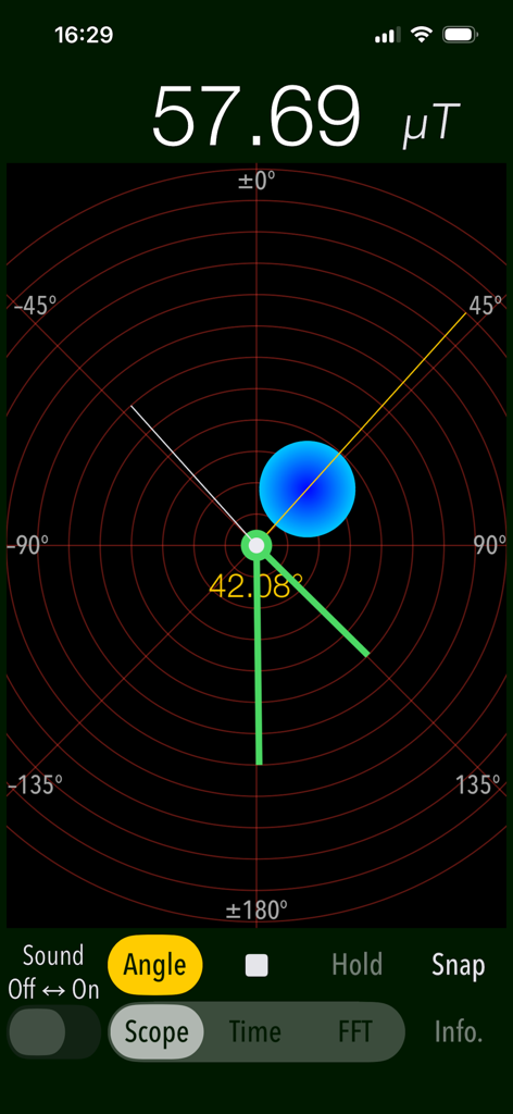 Magnetscape app Scope mode interface showing real-time magnetic field strength and direction