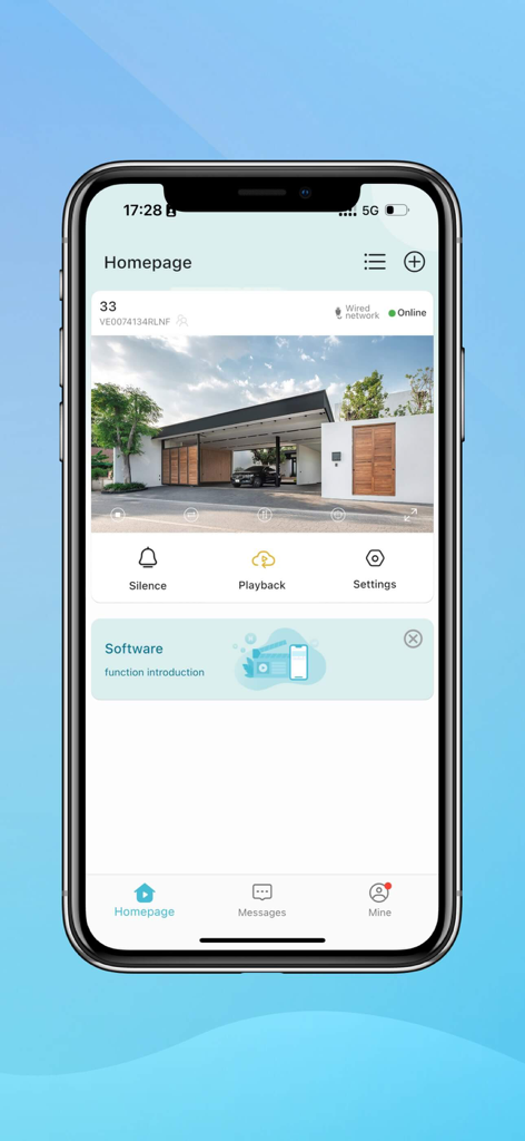 Interface of the O-KAM Pro app homepage displaying a live video feed from a home security camera.