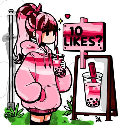 girl with oversized hoodie drinking boba and she has a high ponytail with a sign that says 10likes?