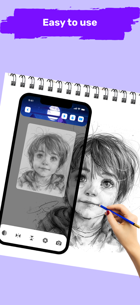 AR Draw to Sketch Photo - Smartphone using AR technology to trace a sketch of a boy onto paper
