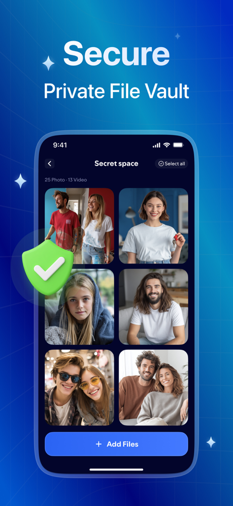 Cleaner Rocket - Secure private file vault interface showing protected photos with a security shield icon
