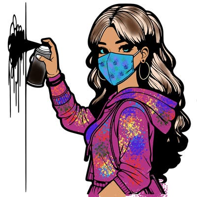 realistic girl with mask spray painting a wall