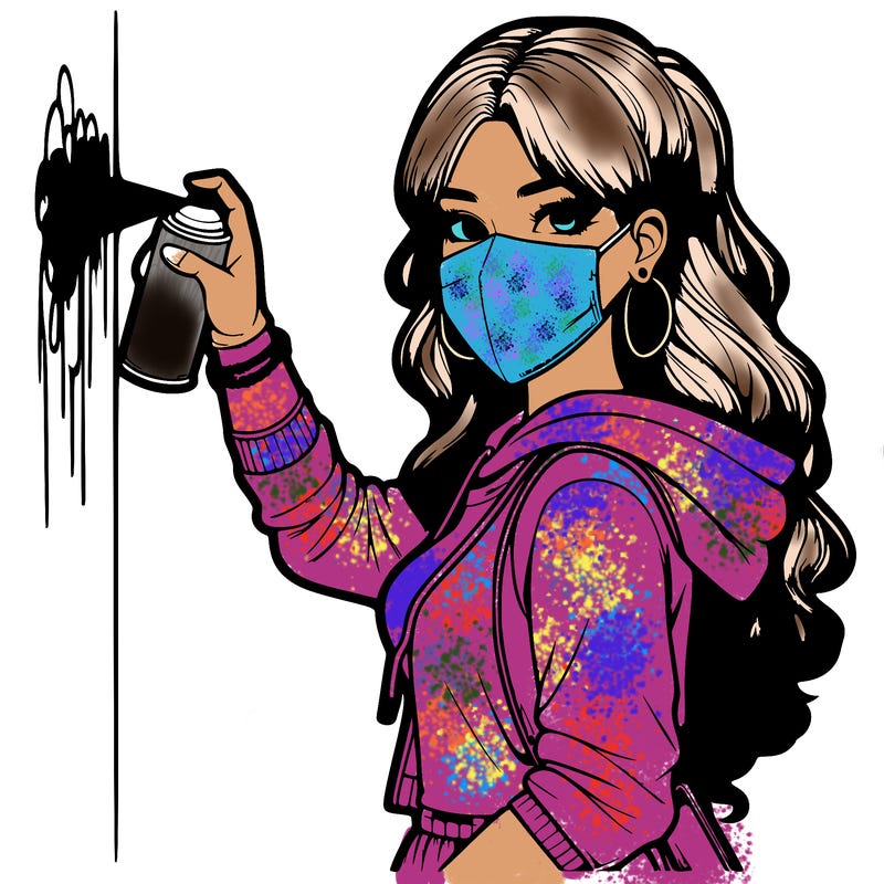 realistic girl with mask spray painting a wall