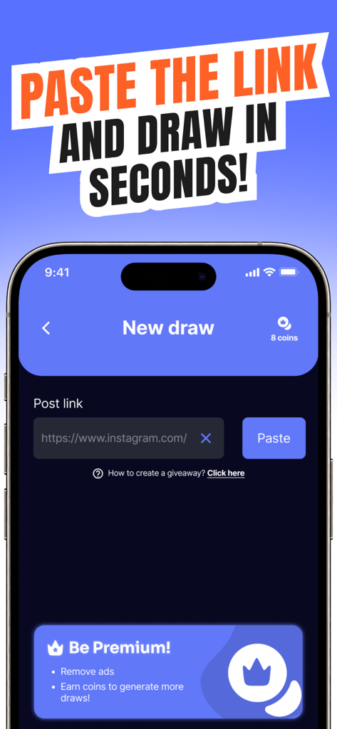App screen showing a field to paste an Instagram link for a giveaway draw