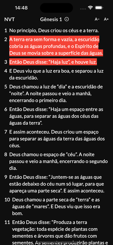 My Bible - Leyendo el capítulo uno del Génesis en portugués en la aplicación Mi Biblia con versículos resaltados en modo oscuro.