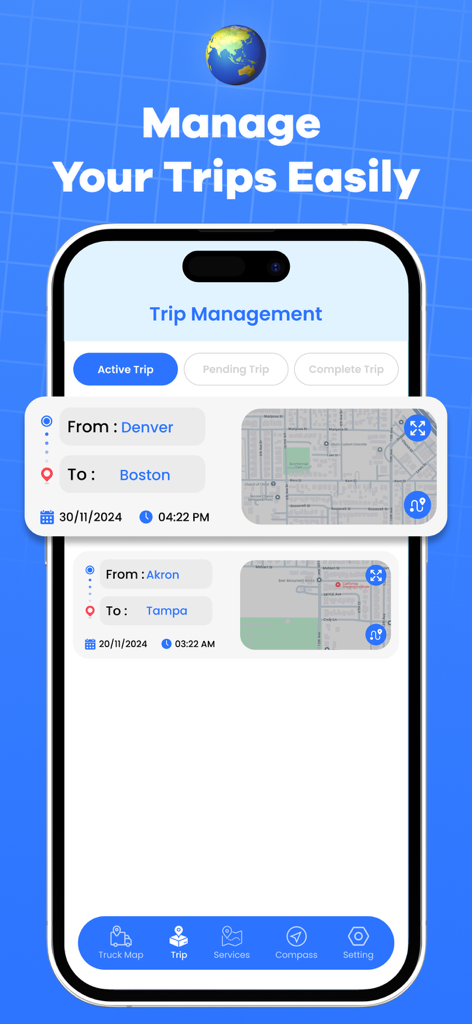 Truck Map Routes : Truck GPS - Truck GPS app dashboard for managing long-haul delivery routes and trip history